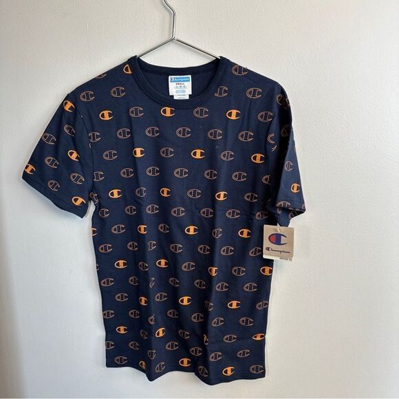 CHAMPION HERITAGE TEE TSHIRT MEN' CREW NECK ALLOVER C LOGO SPACE SIZE S BLUE - Picture 1 of 8